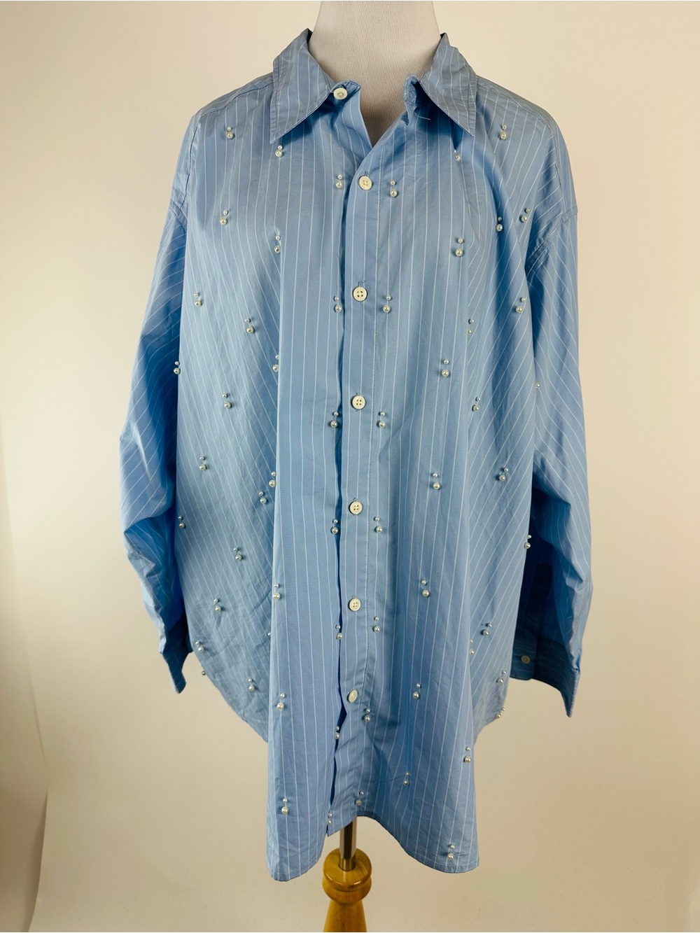 Future Collective Blue Striped Button Down Shirt with Pearl Embellishment 1X